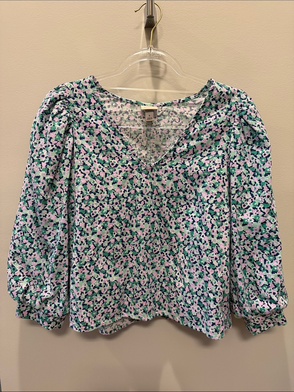 a new day Floral V-Neck Puff Sleeve Blouse - Mint, Pink, Navy